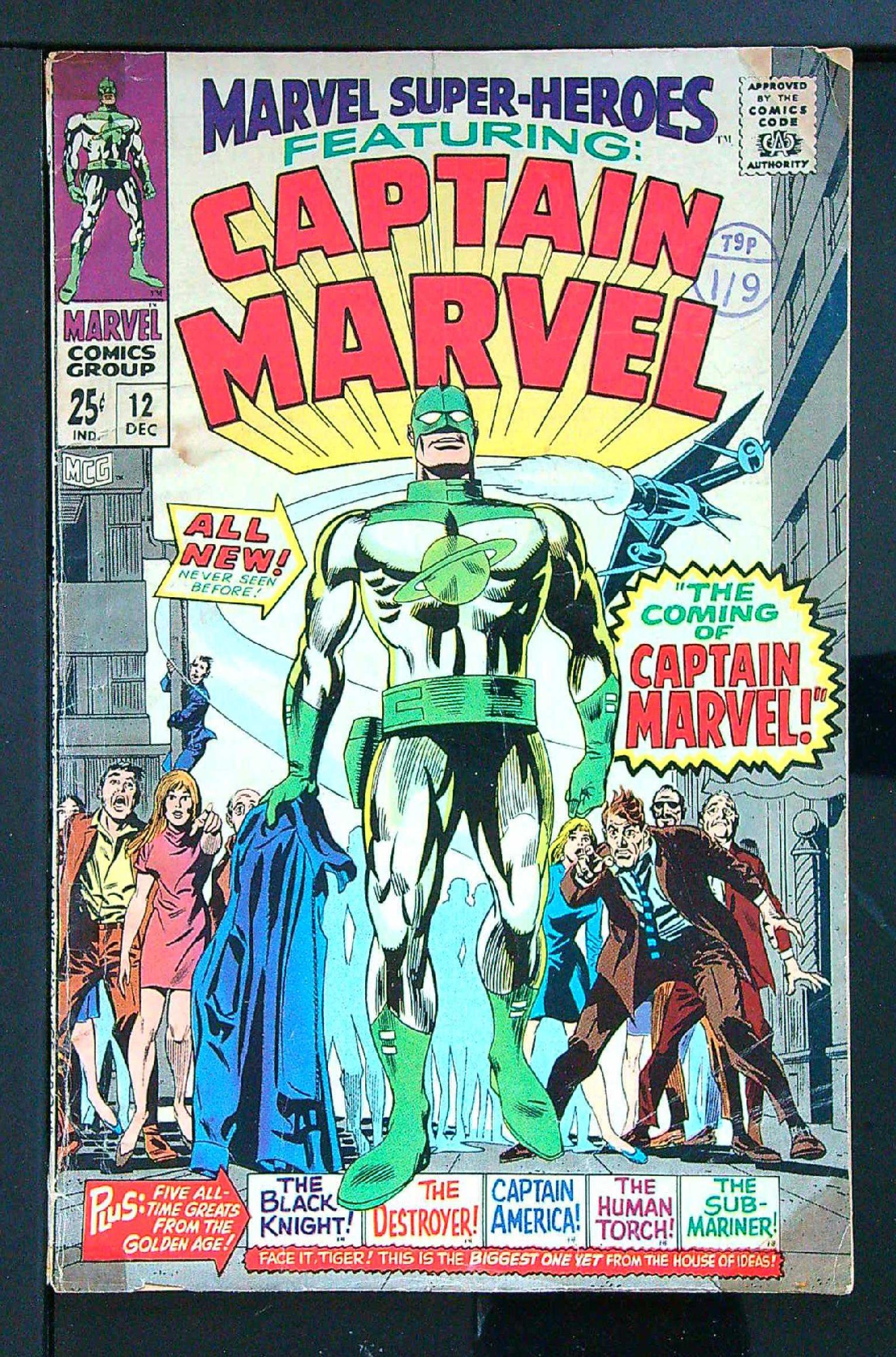 1st Captain Marvel<br>ACTUAL SCAN OF COMIC!<br>Distribution Stamp on Cover - See Scan Cover of Marvel Super-Heroes (Vol 1) #12. One of 250,000 Vintage American Comics on sale from Krypton!