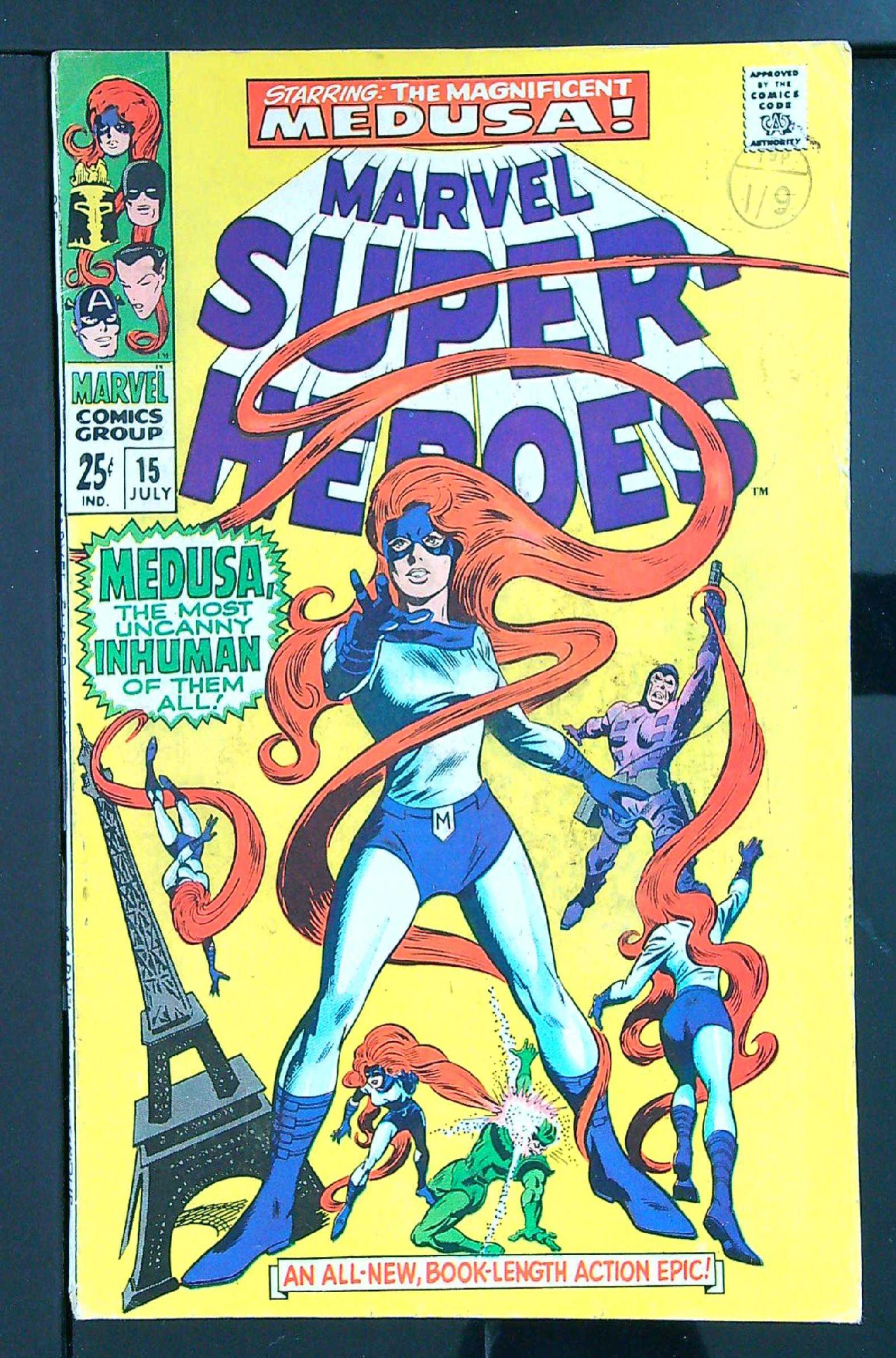 1st Solo Medusa<br>ACTUAL SCAN OF COMIC!<br>Distribution Stamp on Cover - See Scan Cover of Marvel Super-Heroes (Vol 1) #15. One of 250,000 Vintage American Comics on sale from Krypton!