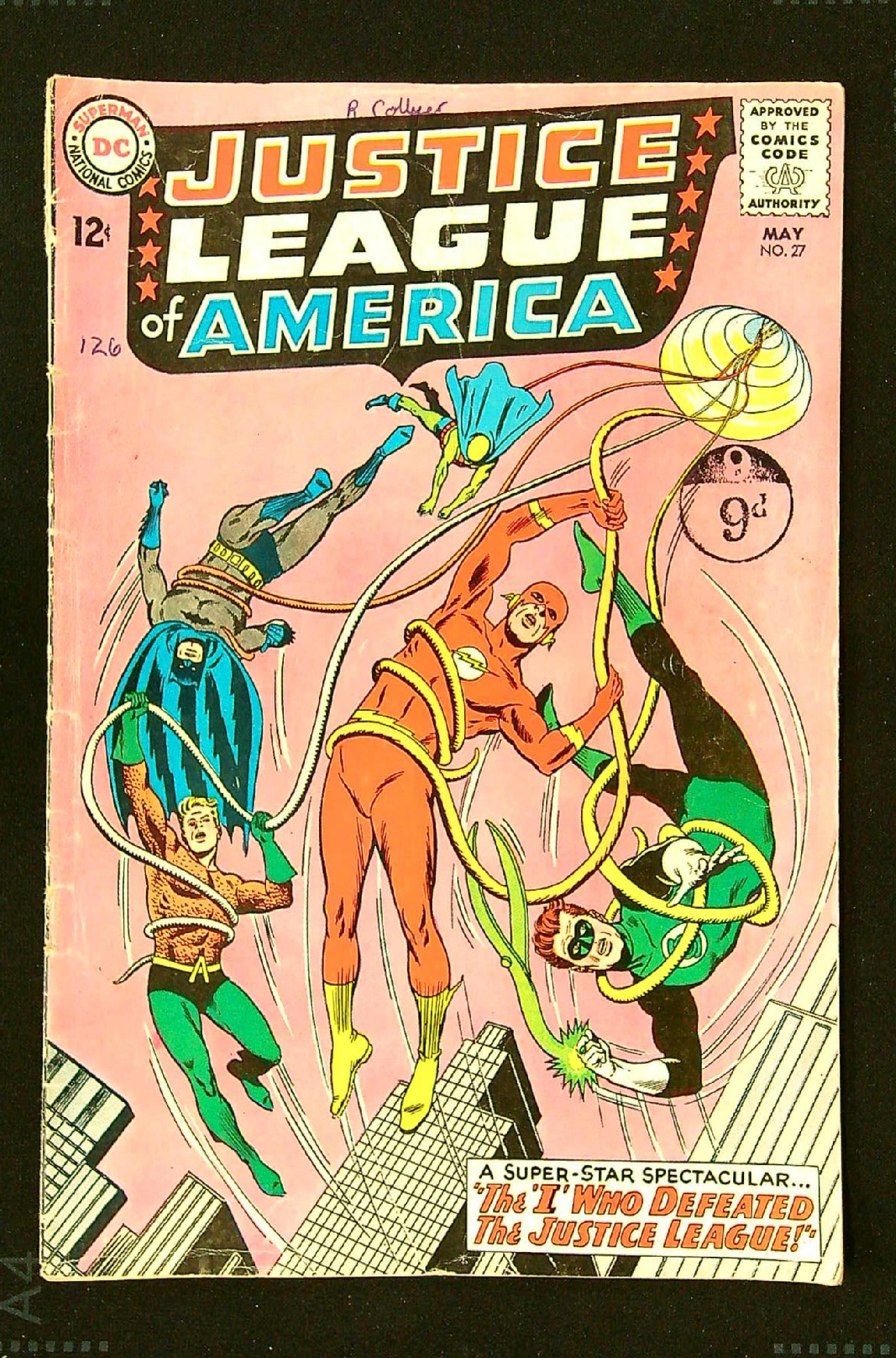 ACTUAL SCAN OF COMIC!<br>Distribution Stamp & Pen on Cover -Detatched Lower staple - See Scan Cover of Justice League of America (Vol 1) #27. One of 250,000 Vintage American Comics on sale from Krypton!