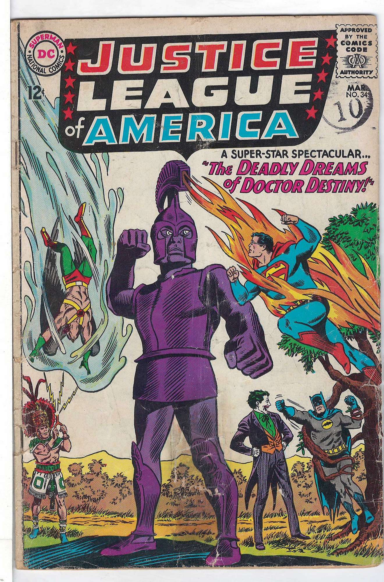 ACTUAL SCAN OF COMIC!<br>Rolled Spine & Stamp on Cover - See Scan Cover of Justice League of America (Vol 1) #34. One of 250,000 Vintage American Comics on sale from Krypton!