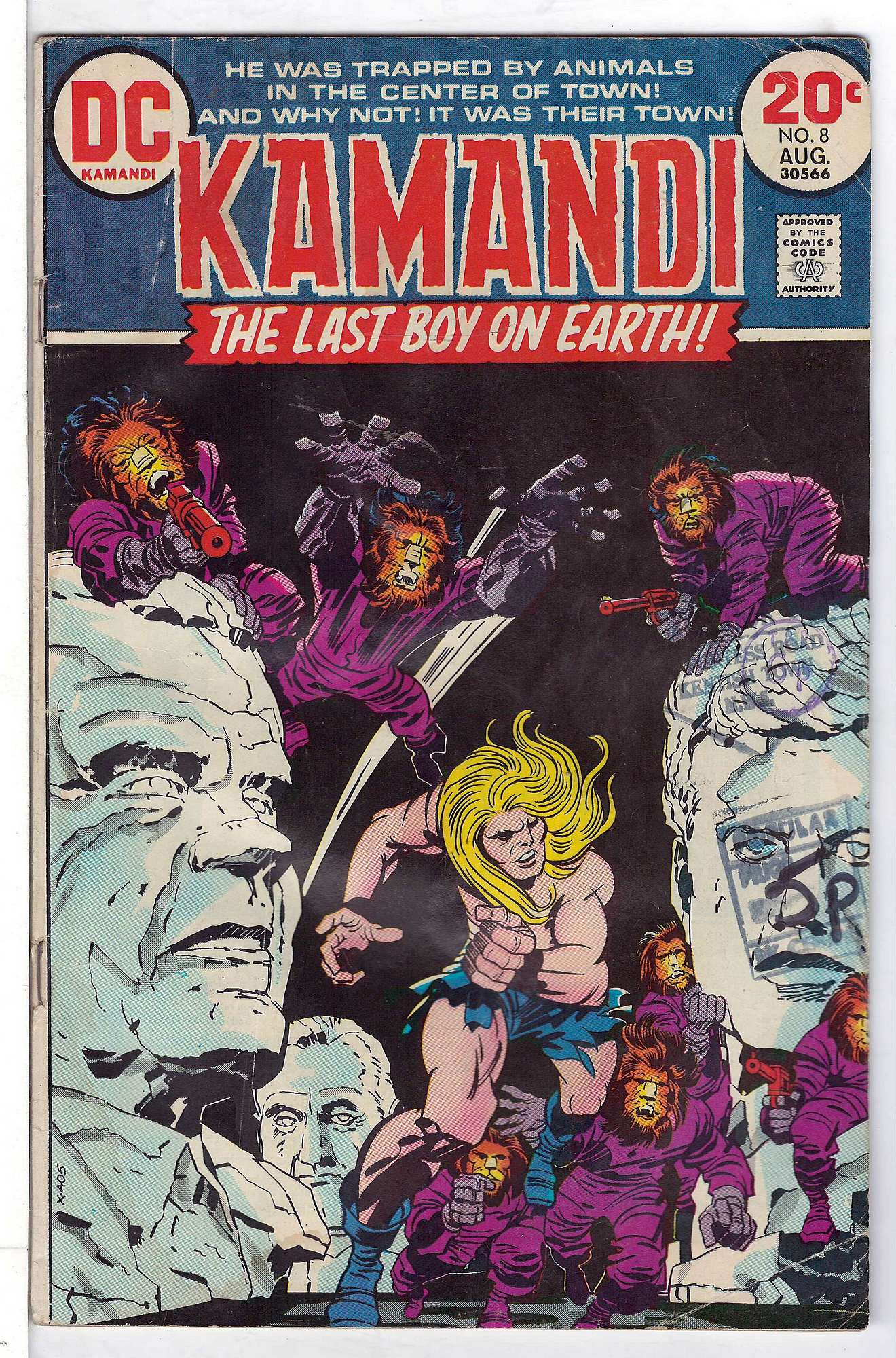 ACTUAL SCAN OF COMIC!<br>Distribution Stamp & Pen on Cover - Water damaged - See Scan Cover of Kamandi (Vol 1) The Last Boy on Earth #8. One of 250,000 Vintage American Comics on sale from Krypton!
